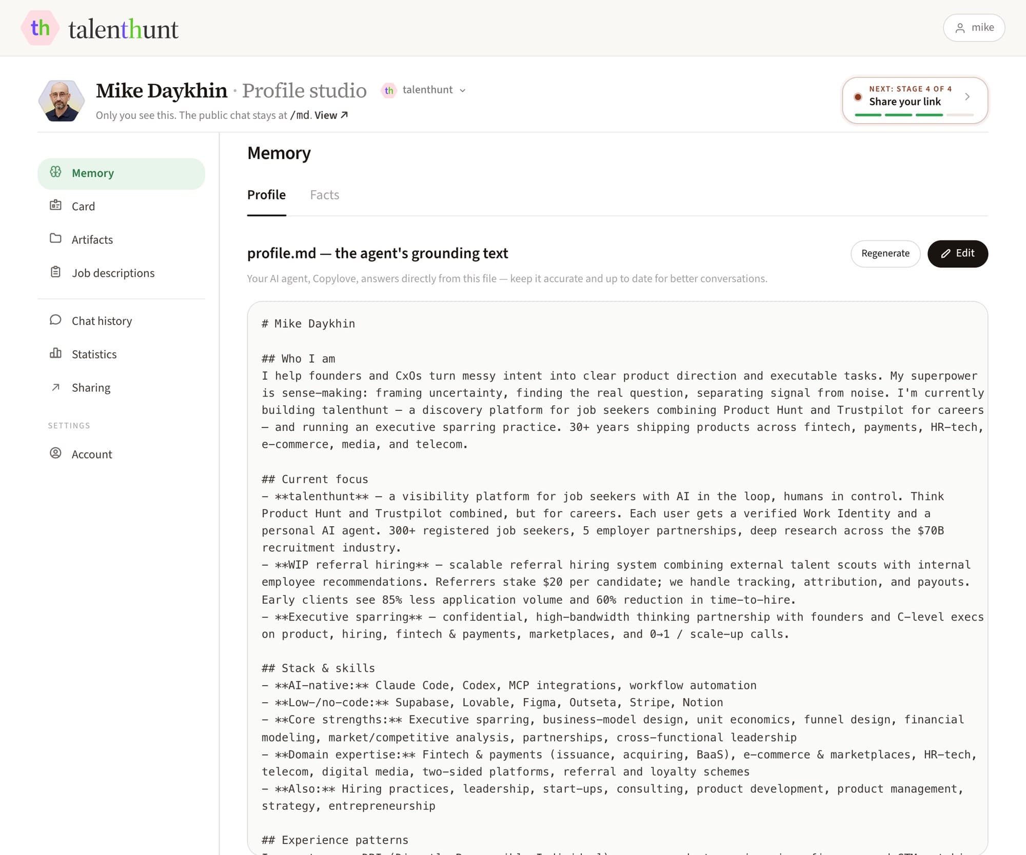 Studio → Memory: profile.md, the agent's grounding text, with Regenerate and Edit